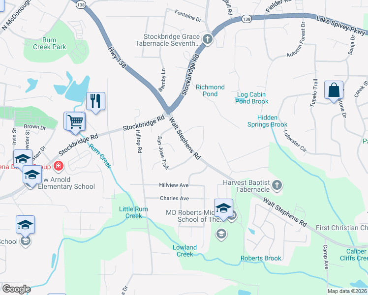 map of restaurants, bars, coffee shops, grocery stores, and more near 1747 Walt Stephens Road in Jonesboro