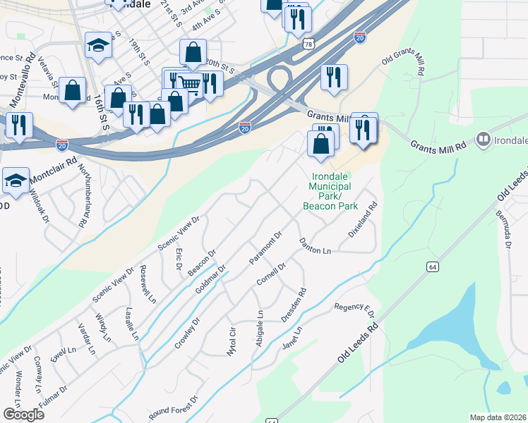 map of restaurants, bars, coffee shops, grocery stores, and more near 5280 Goldmar Drive in Irondale