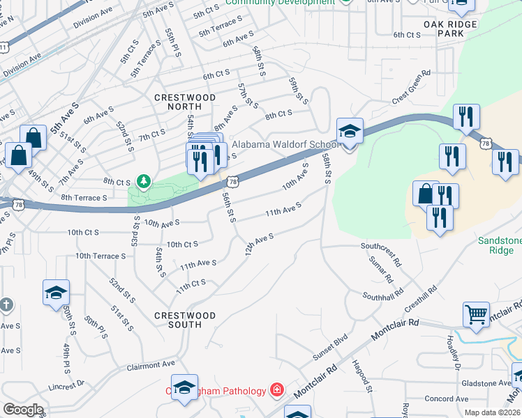 map of restaurants, bars, coffee shops, grocery stores, and more near 5625 10th Avenue South in Birmingham
