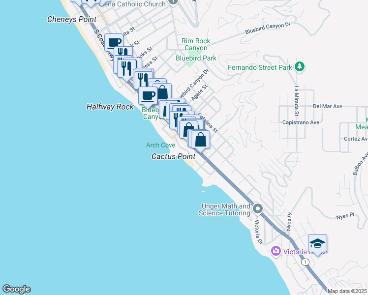 map of restaurants, bars, coffee shops, grocery stores, and more near 1920 Ocean Way in Laguna Beach