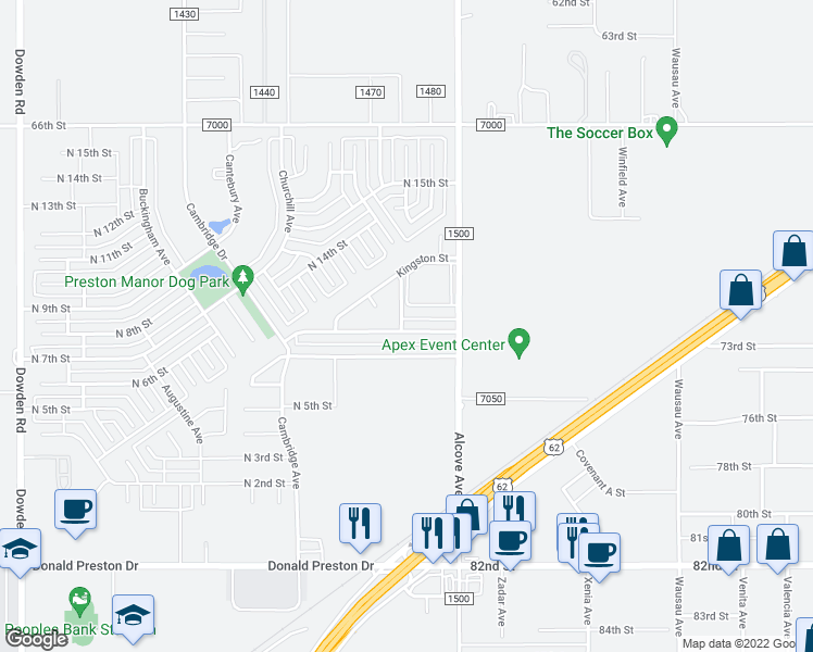 map of restaurants, bars, coffee shops, grocery stores, and more near 1208 Preston Trail in Wolfforth