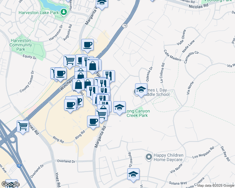 map of restaurants, bars, coffee shops, grocery stores, and more near 40482 Chantemar Way in Temecula