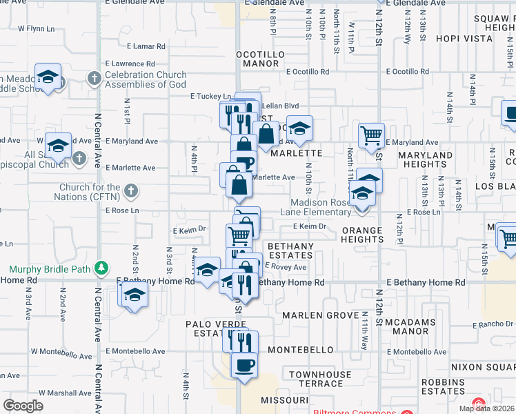 map of restaurants, bars, coffee shops, grocery stores, and more near 725 East Claremont Street in Phoenix