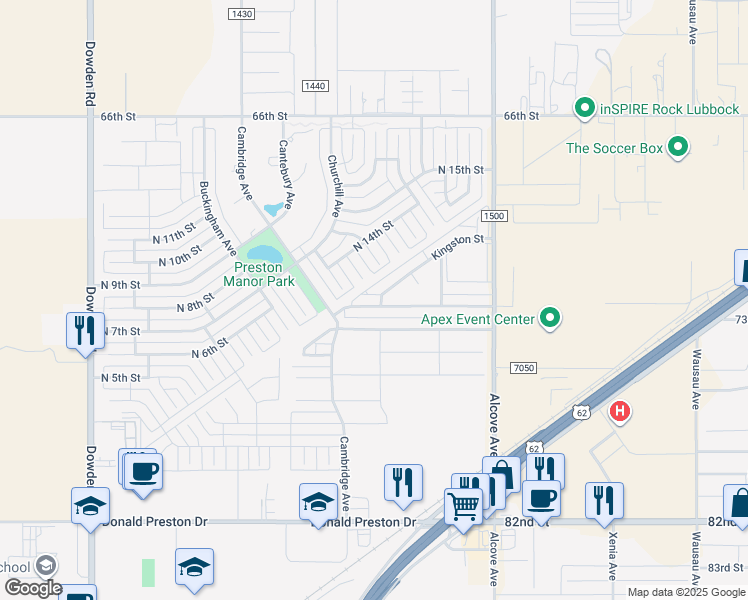 map of restaurants, bars, coffee shops, grocery stores, and more near 1301 Cantebury Avenue in Wolfforth