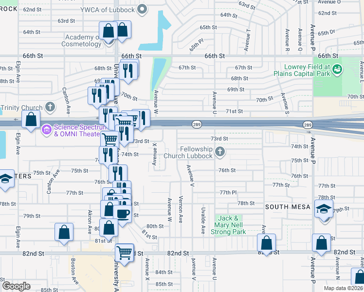 map of restaurants, bars, coffee shops, grocery stores, and more near 2130 74th Street in Lubbock