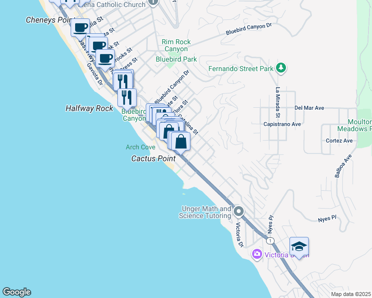 map of restaurants, bars, coffee shops, grocery stores, and more near 255 Diamond Street in Laguna Beach