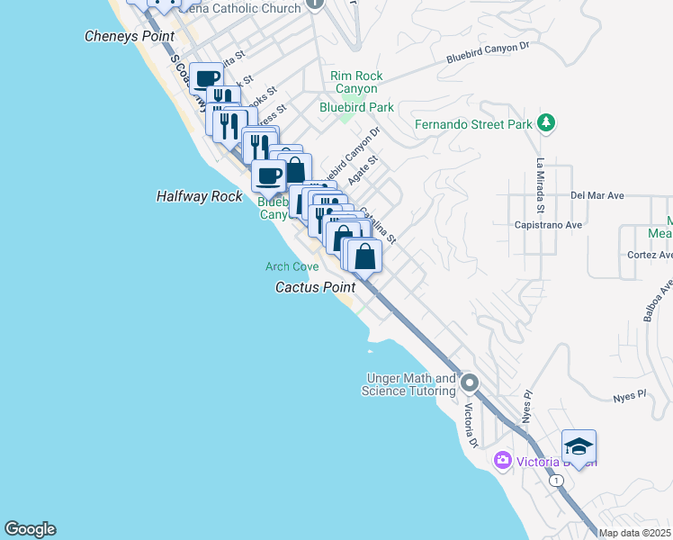 map of restaurants, bars, coffee shops, grocery stores, and more near 1920 Ocean Way in Laguna Beach