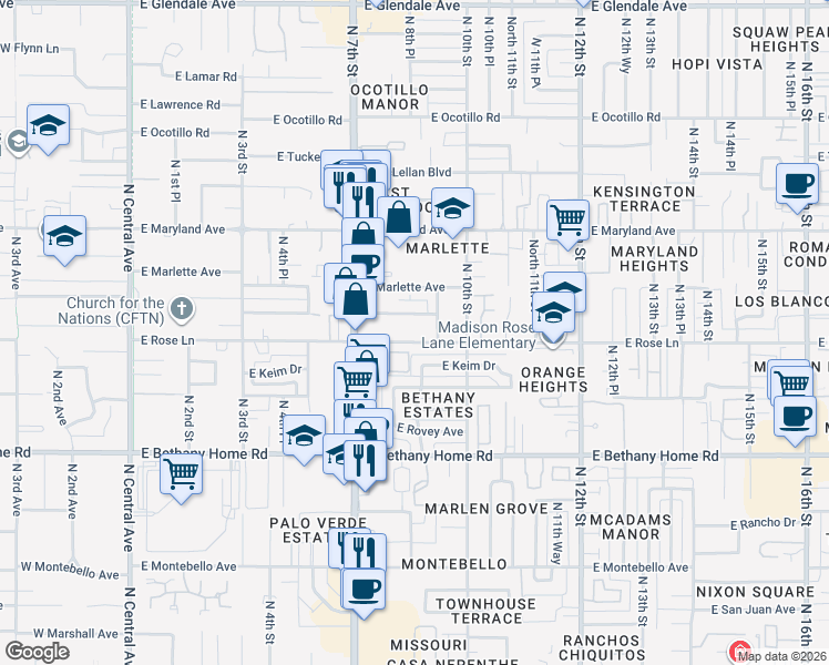 map of restaurants, bars, coffee shops, grocery stores, and more near 907 East Claremont Street in Phoenix