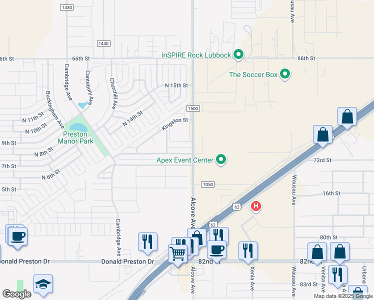 map of restaurants, bars, coffee shops, grocery stores, and more near 1222 Preston Trails in Wolfforth