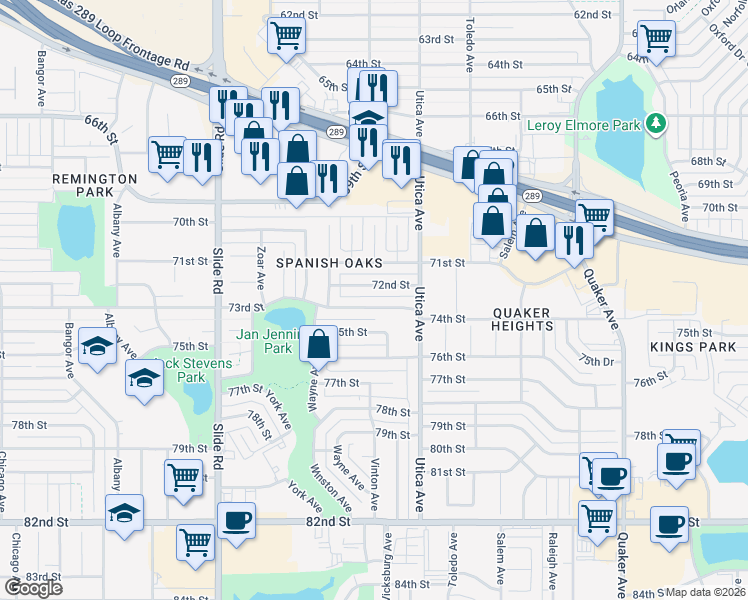 map of restaurants, bars, coffee shops, grocery stores, and more near 4819 72nd Street in Lubbock