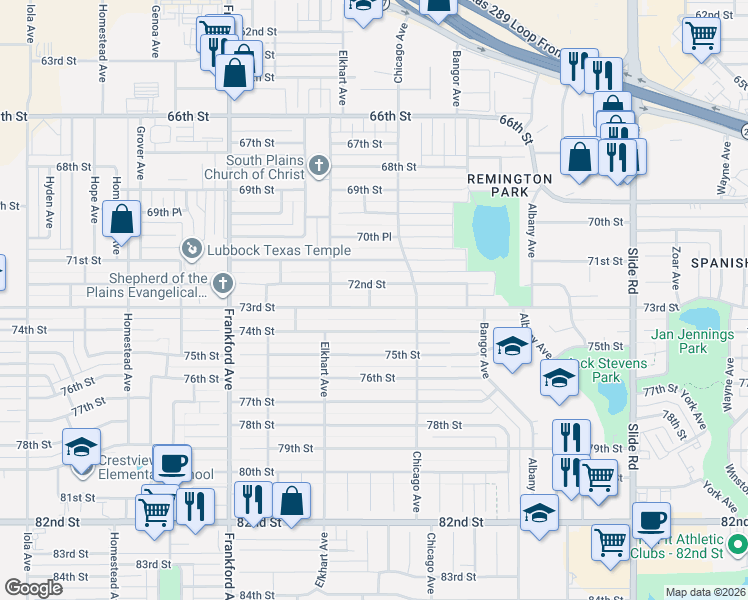 map of restaurants, bars, coffee shops, grocery stores, and more near 5601 72nd Street in Lubbock