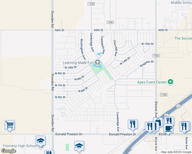 map of restaurants, bars, coffee shops, grocery stores, and more near 607 Buckingham Avenue in Wolfforth