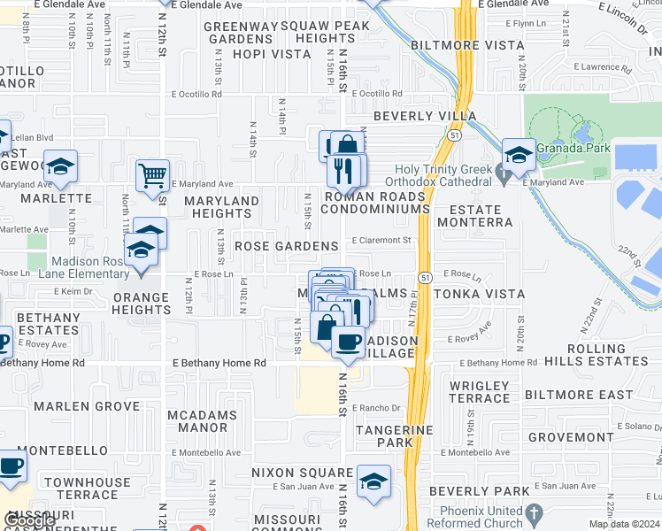 map of restaurants, bars, coffee shops, grocery stores, and more near 6202 North 16th Street in Phoenix