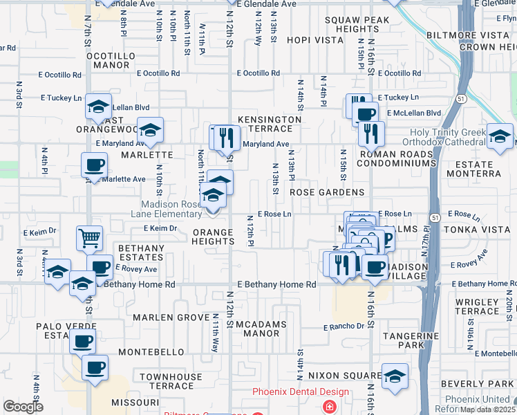 map of restaurants, bars, coffee shops, grocery stores, and more near 6212 North 12th Place in Phoenix