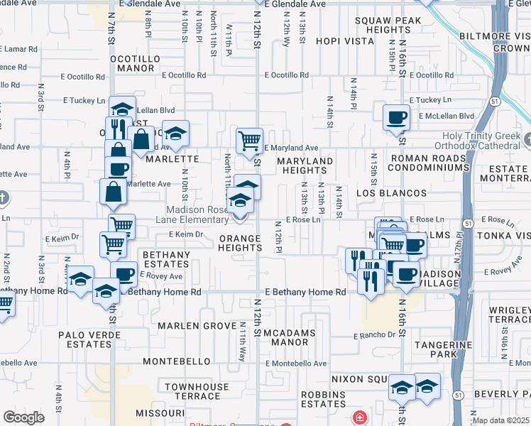 map of restaurants, bars, coffee shops, grocery stores, and more near 6217 North 12th Street in Phoenix