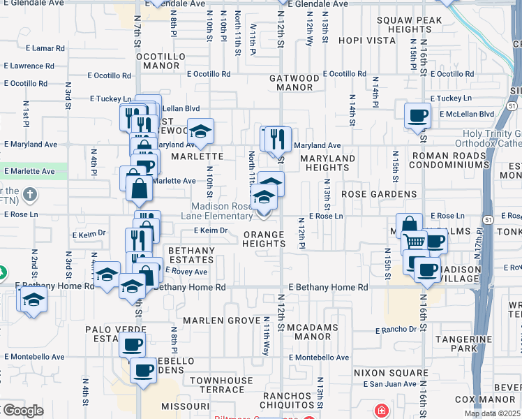 map of restaurants, bars, coffee shops, grocery stores, and more near 1124 East Rose Lane in Phoenix