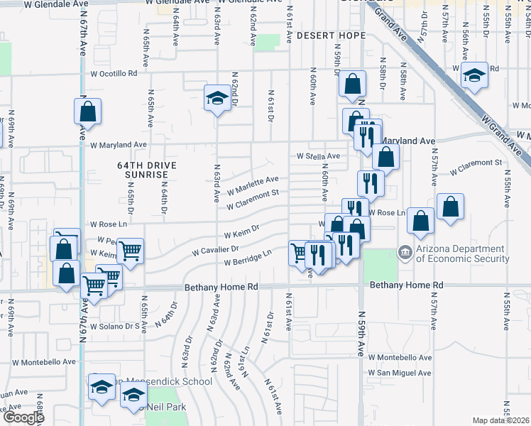 map of restaurants, bars, coffee shops, grocery stores, and more near 6138 West Rose Lane in Glendale