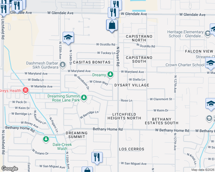 map of restaurants, bars, coffee shops, grocery stores, and more near 13130 West Citrus Way in Litchfield Park
