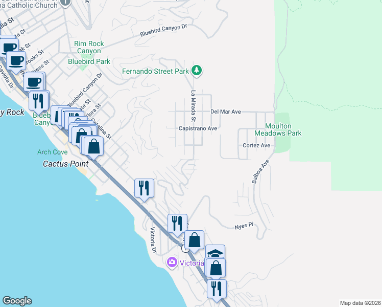 map of restaurants, bars, coffee shops, grocery stores, and more near 855 Miramar Street in Laguna Beach
