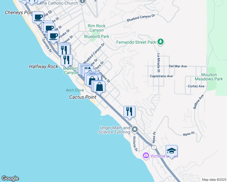map of restaurants, bars, coffee shops, grocery stores, and more near 2072 Glenneyre Street in Laguna Beach