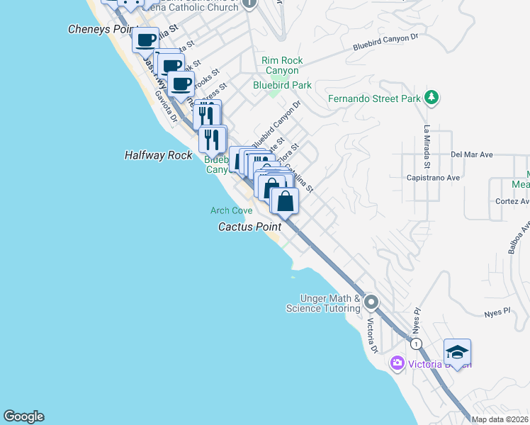 map of restaurants, bars, coffee shops, grocery stores, and more near 1873 South Coast Highway in Laguna Beach