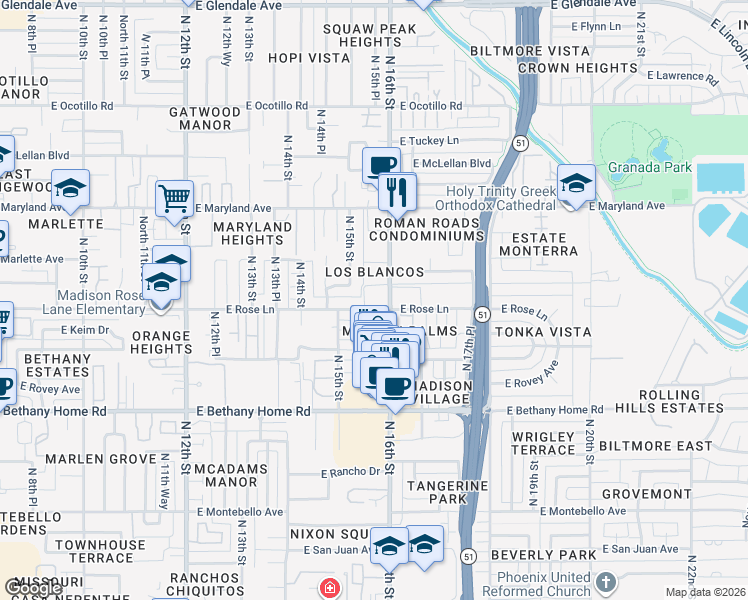 map of restaurants, bars, coffee shops, grocery stores, and more near 6202 North 16th Street in Phoenix