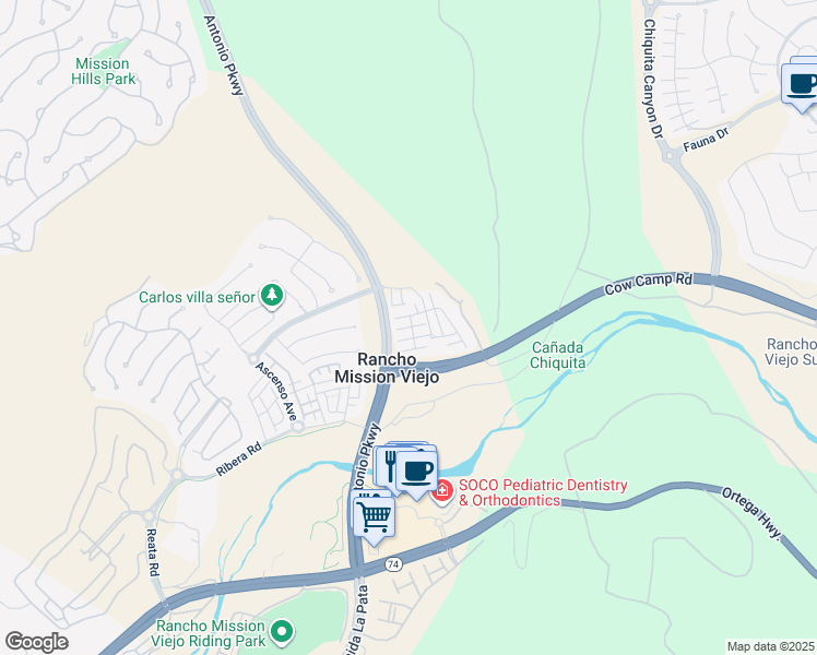 map of restaurants, bars, coffee shops, grocery stores, and more near 9 Adelfa Street in Ladera Ranch