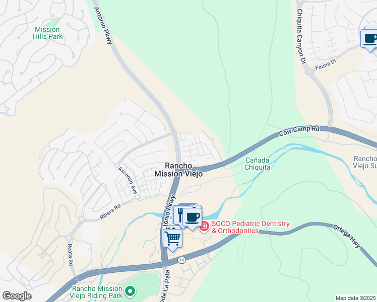 map of restaurants, bars, coffee shops, grocery stores, and more near 7 Abarrota Street in Ladera Ranch