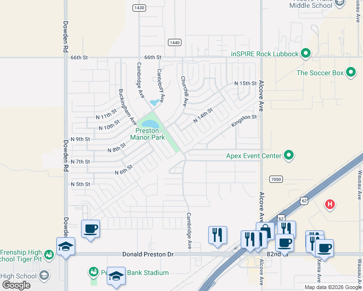 map of restaurants, bars, coffee shops, grocery stores, and more near 1304 Camelot Avenue in Wolfforth
