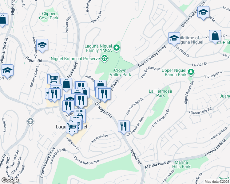 map of restaurants, bars, coffee shops, grocery stores, and more near 30122 Niguel Road in Laguna Niguel
