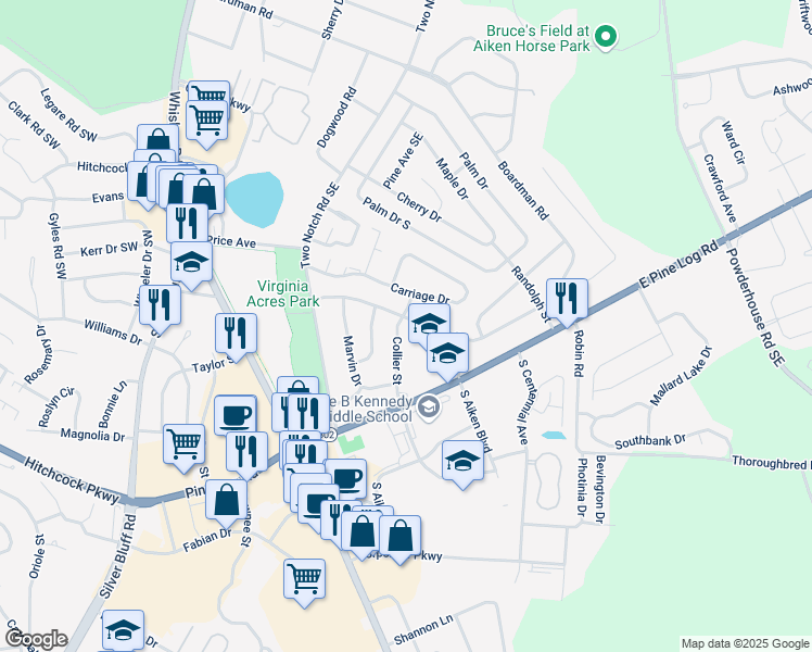 map of restaurants, bars, coffee shops, grocery stores, and more near 699 Henry Street in Aiken