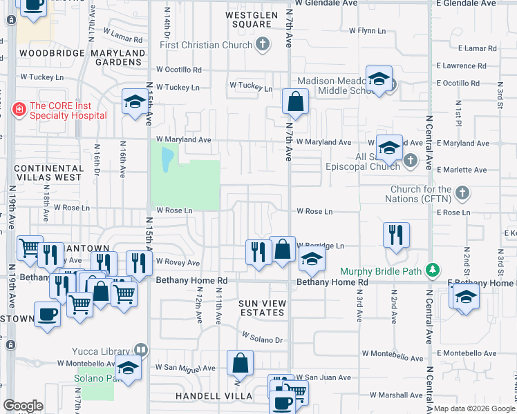 map of restaurants, bars, coffee shops, grocery stores, and more near 807 West Rose Lane in Phoenix