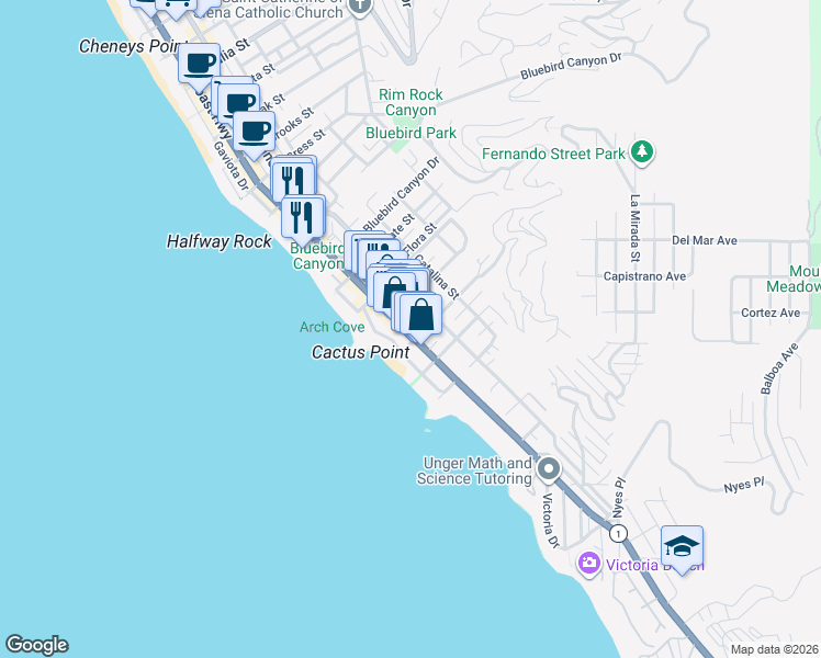 map of restaurants, bars, coffee shops, grocery stores, and more near 1970 South Coast Highway in Laguna Beach