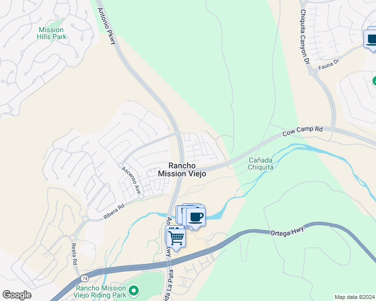 map of restaurants, bars, coffee shops, grocery stores, and more near 8 Adelfa Street in Ladera Ranch