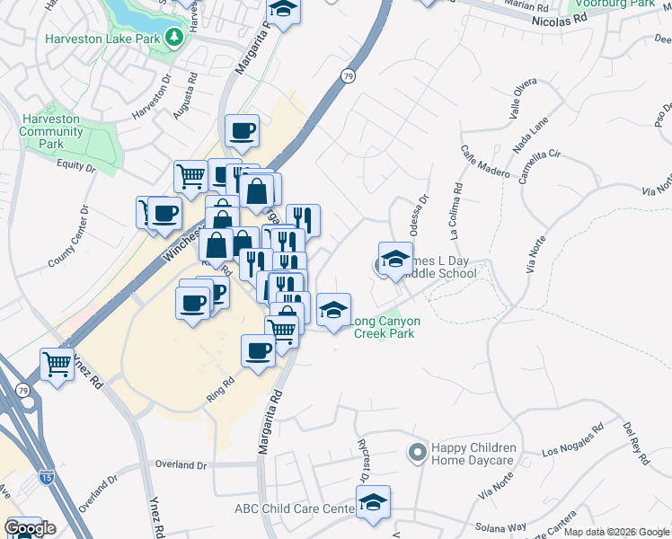 map of restaurants, bars, coffee shops, grocery stores, and more near 27697 Sonora Circle in Temecula