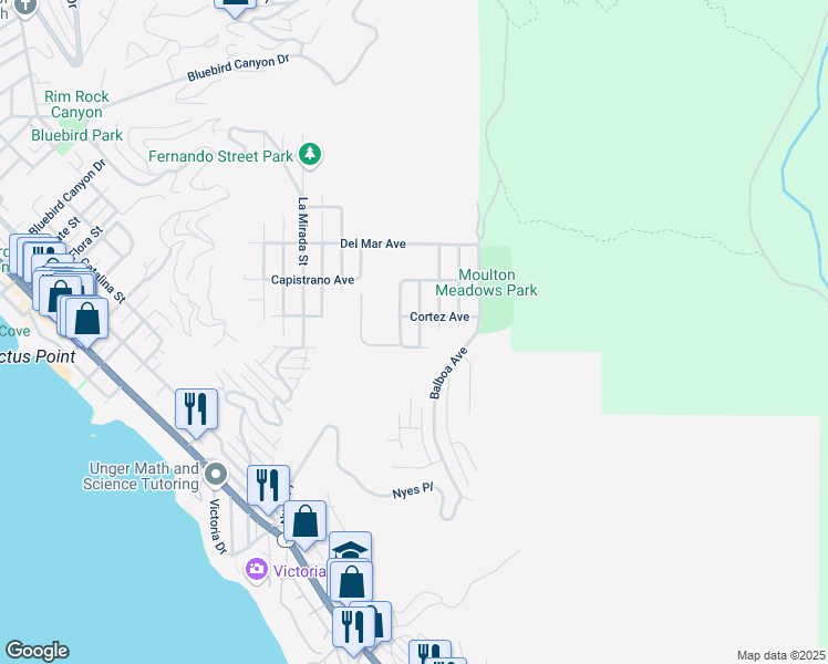 map of restaurants, bars, coffee shops, grocery stores, and more near 883 Santa Ana Street in Laguna Beach