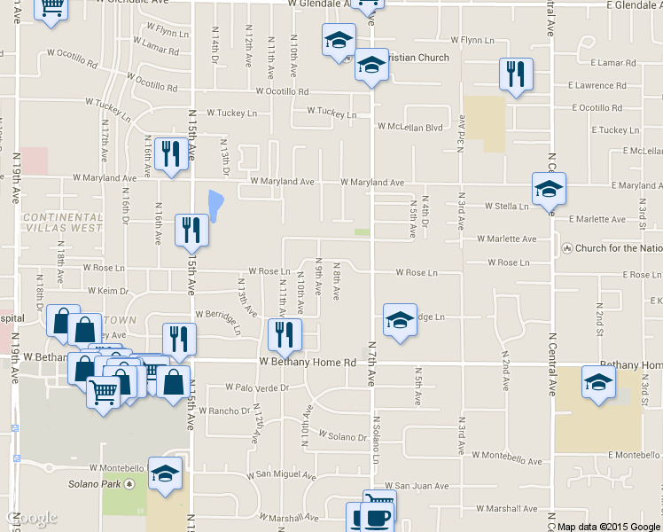 map of restaurants, bars, coffee shops, grocery stores, and more near 807 West Rose Lane in Phoenix