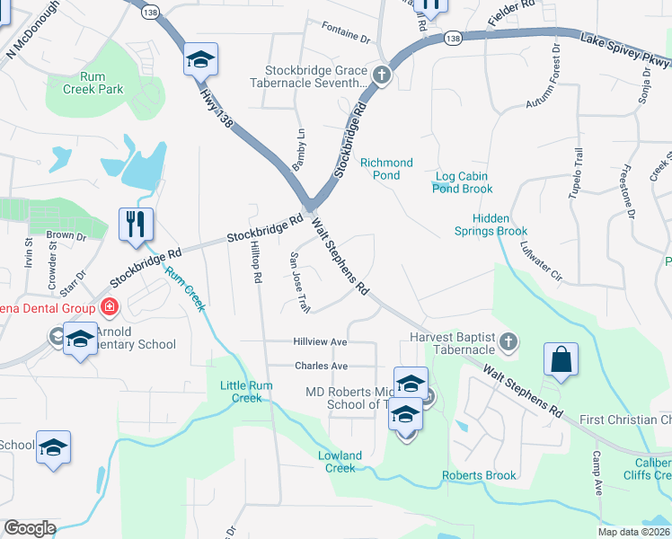 map of restaurants, bars, coffee shops, grocery stores, and more near 1747 Walt Stephens Road in Jonesboro