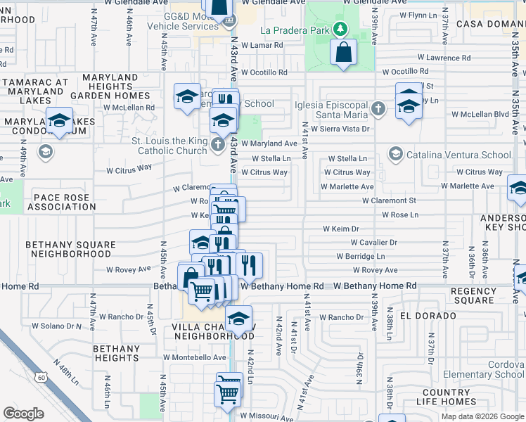 map of restaurants, bars, coffee shops, grocery stores, and more near 4143 West Claremont Street in Phoenix