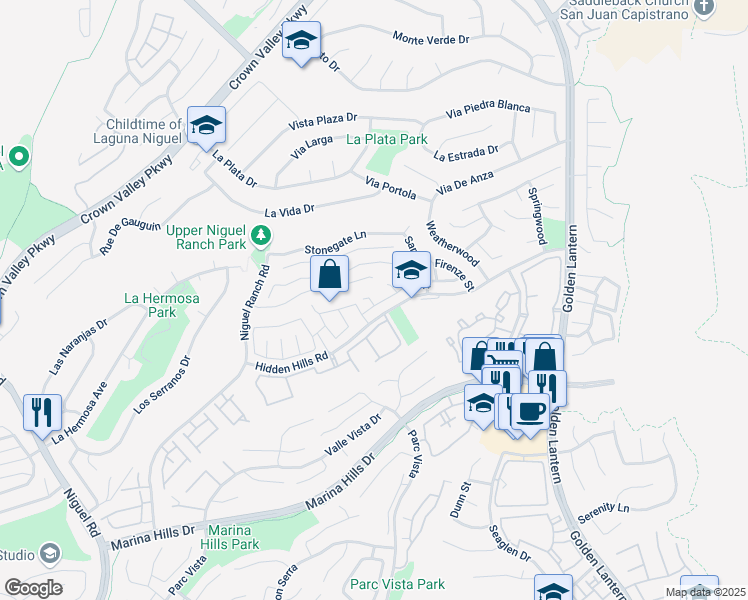map of restaurants, bars, coffee shops, grocery stores, and more near 25061 Sanoria Street in Laguna Niguel