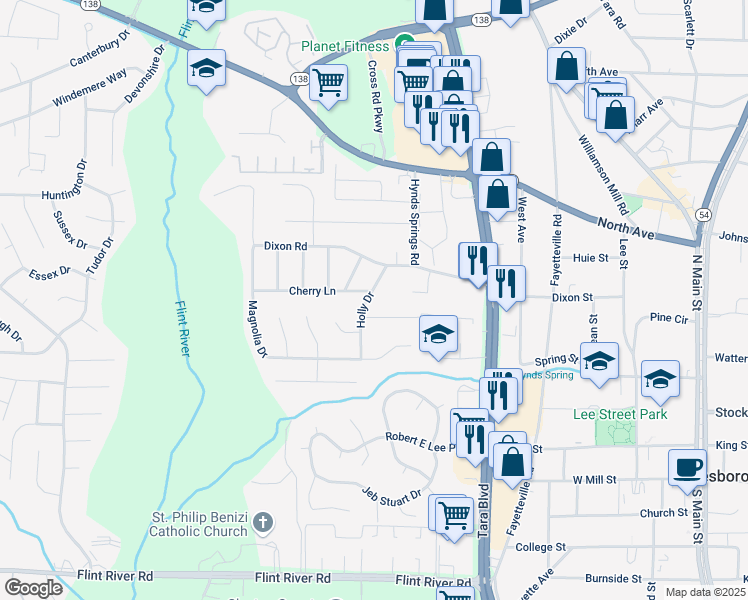 map of restaurants, bars, coffee shops, grocery stores, and more near 8298 Holly Drive in Jonesboro