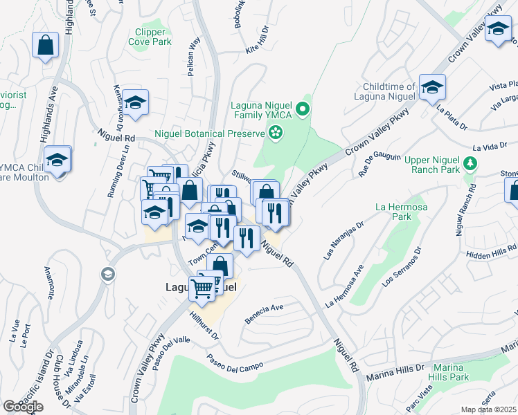 map of restaurants, bars, coffee shops, grocery stores, and more near 23971 Stillwater Lane in Laguna Niguel