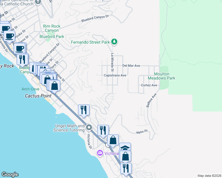 map of restaurants, bars, coffee shops, grocery stores, and more near 835 La Mirada Street in Laguna Beach