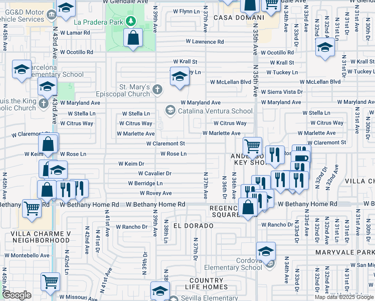 map of restaurants, bars, coffee shops, grocery stores, and more near 3729 West Claremont Street in Phoenix