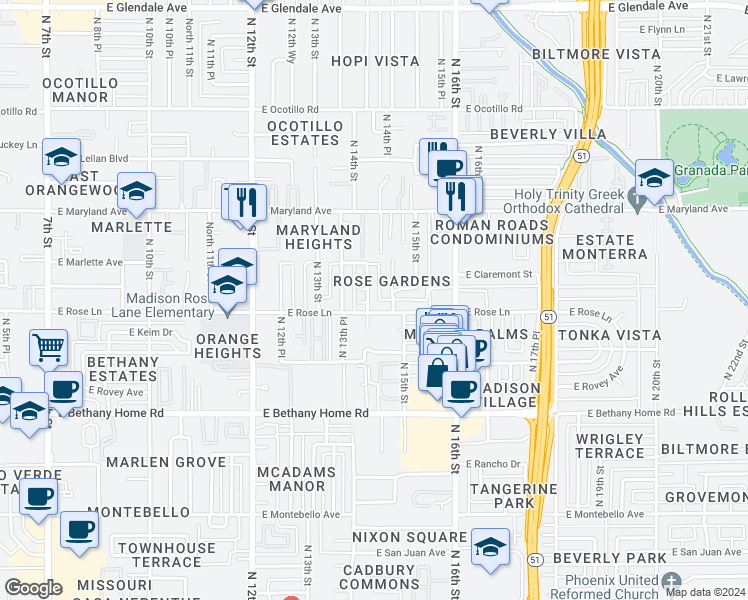 map of restaurants, bars, coffee shops, grocery stores, and more near 6214 North 14th Street in Phoenix