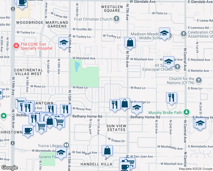 map of restaurants, bars, coffee shops, grocery stores, and more near 920 West Rose Lane in Phoenix
