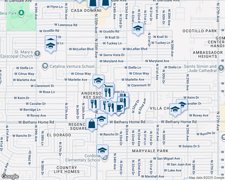 map of restaurants, bars, coffee shops, grocery stores, and more near 3427 West Claremont Street in Phoenix