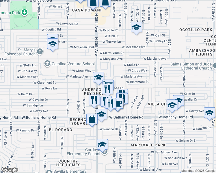 map of restaurants, bars, coffee shops, grocery stores, and more near 3427 West Claremont Street in Phoenix