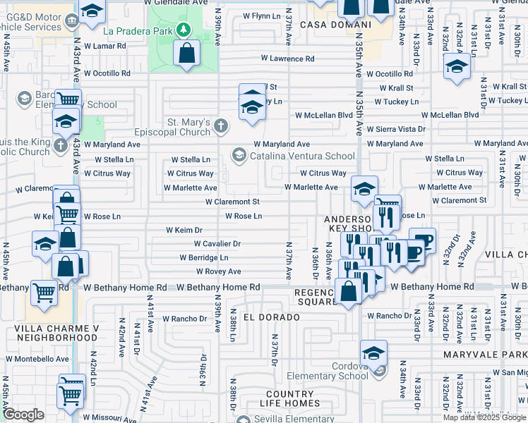 map of restaurants, bars, coffee shops, grocery stores, and more near 3729 West Claremont Street in Phoenix