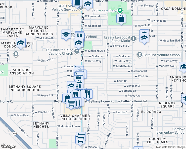 map of restaurants, bars, coffee shops, grocery stores, and more near 4143 West Claremont Street in Phoenix